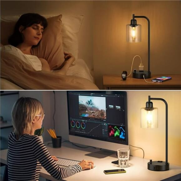 Set of 2 industrial dimmable table lamps with usb ports outlet for bedroom - Picture 6 of 7